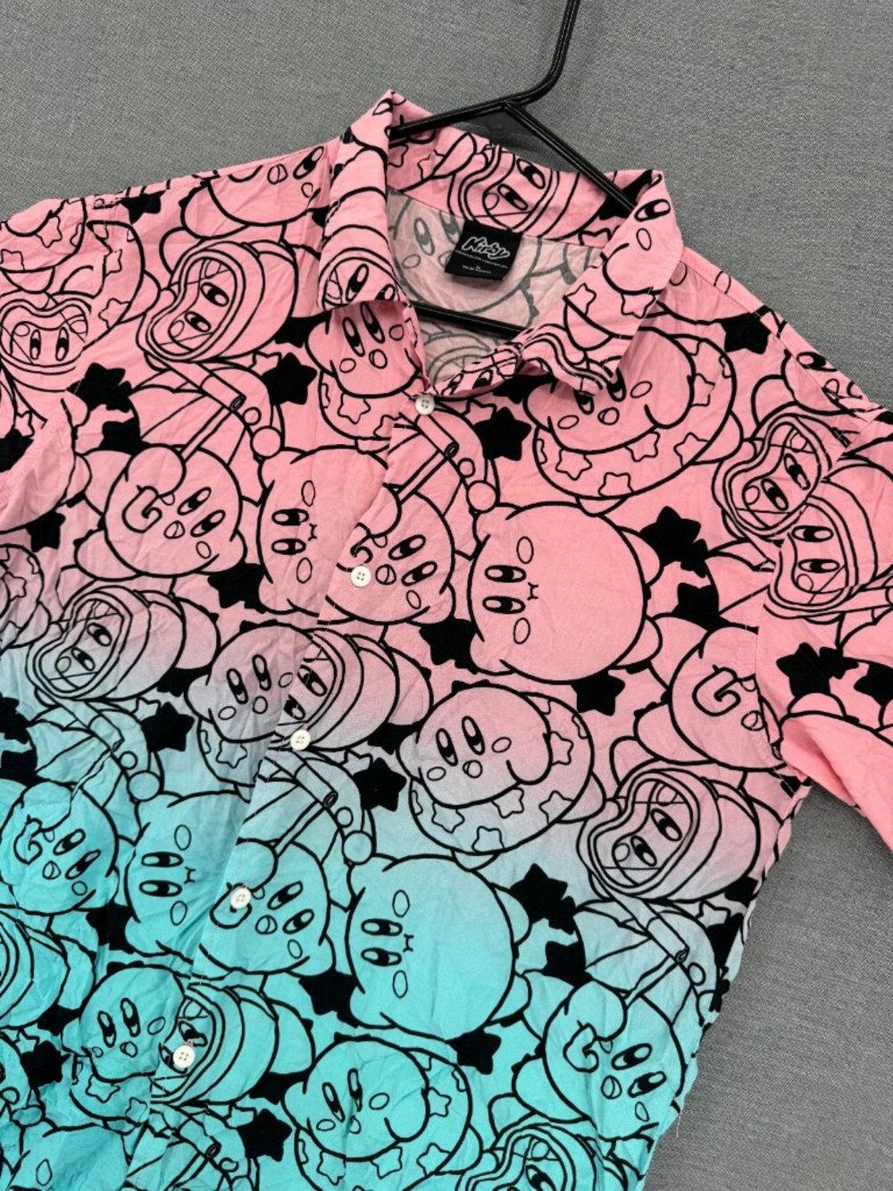 Kirby Pink & Teal Ombre Nintendo Button Shirt Mens M Rayon